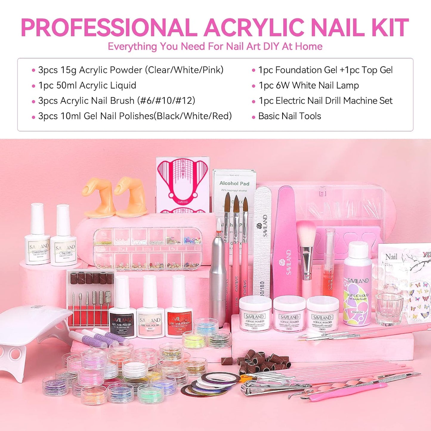 Acrylic Nail Kit with Drill & UV Light - Clear, Pink, Black & Red Powder & Gel Polish for DIY Nail Art
