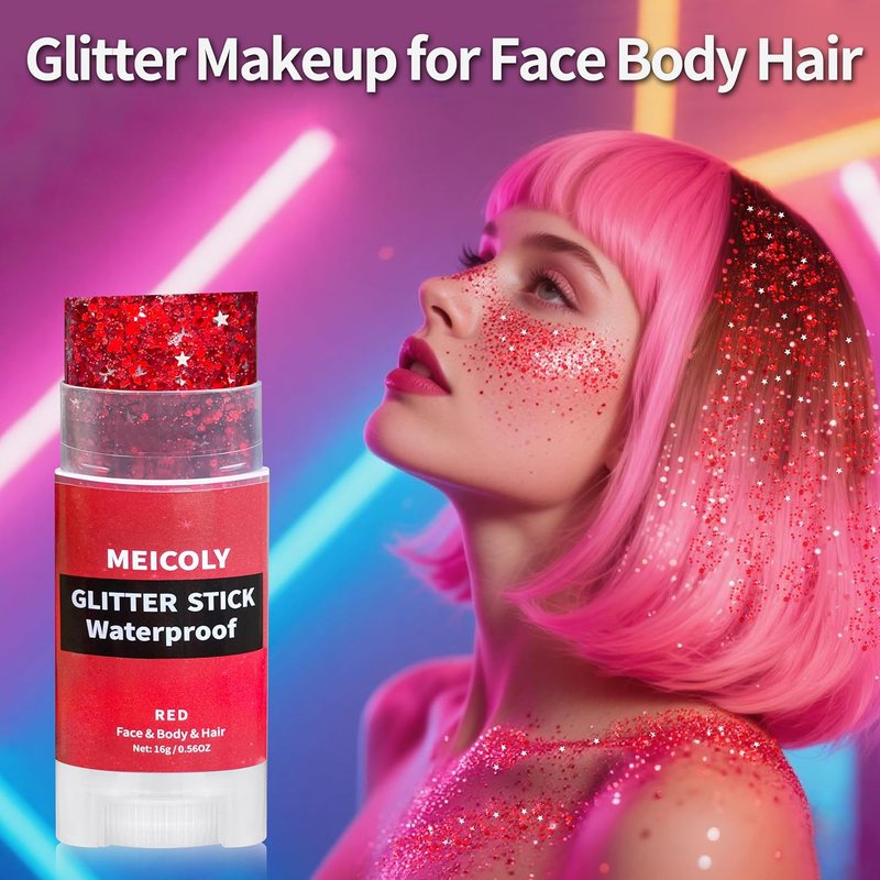 USA Flag Red Hair Glitter Stick - Waterproof Face & Body Glitter Makeup for Fourth of July | Patriotic Rave Accessories