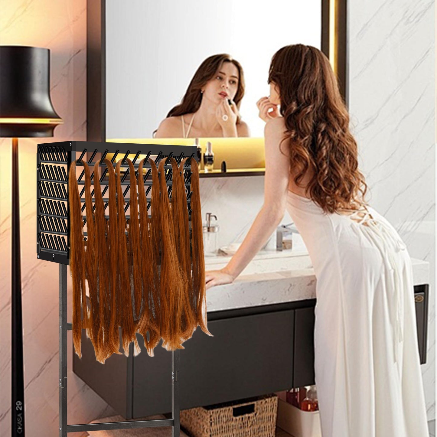 GENMOUS Black Braiding Hair Rack - 150 Pegs, Tri-Sided Braid Rack with 4 Wheels and Large Storage Shelf, for Braiders Standing Home,Hair Separator Stand for Hairstylists