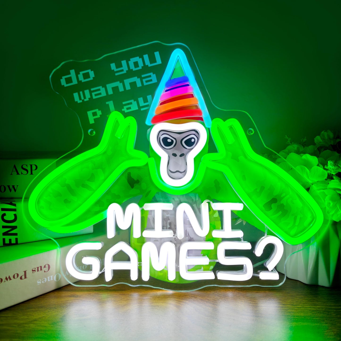 Do You Wanna Play Mini Games? Neon Sign Fun Gaming LED Art for Game Rooms Decor Cute Monkey with Party Hat Sign for Mini Game Fans Night Lights for Bedroom Party Kids Room Wall Decor