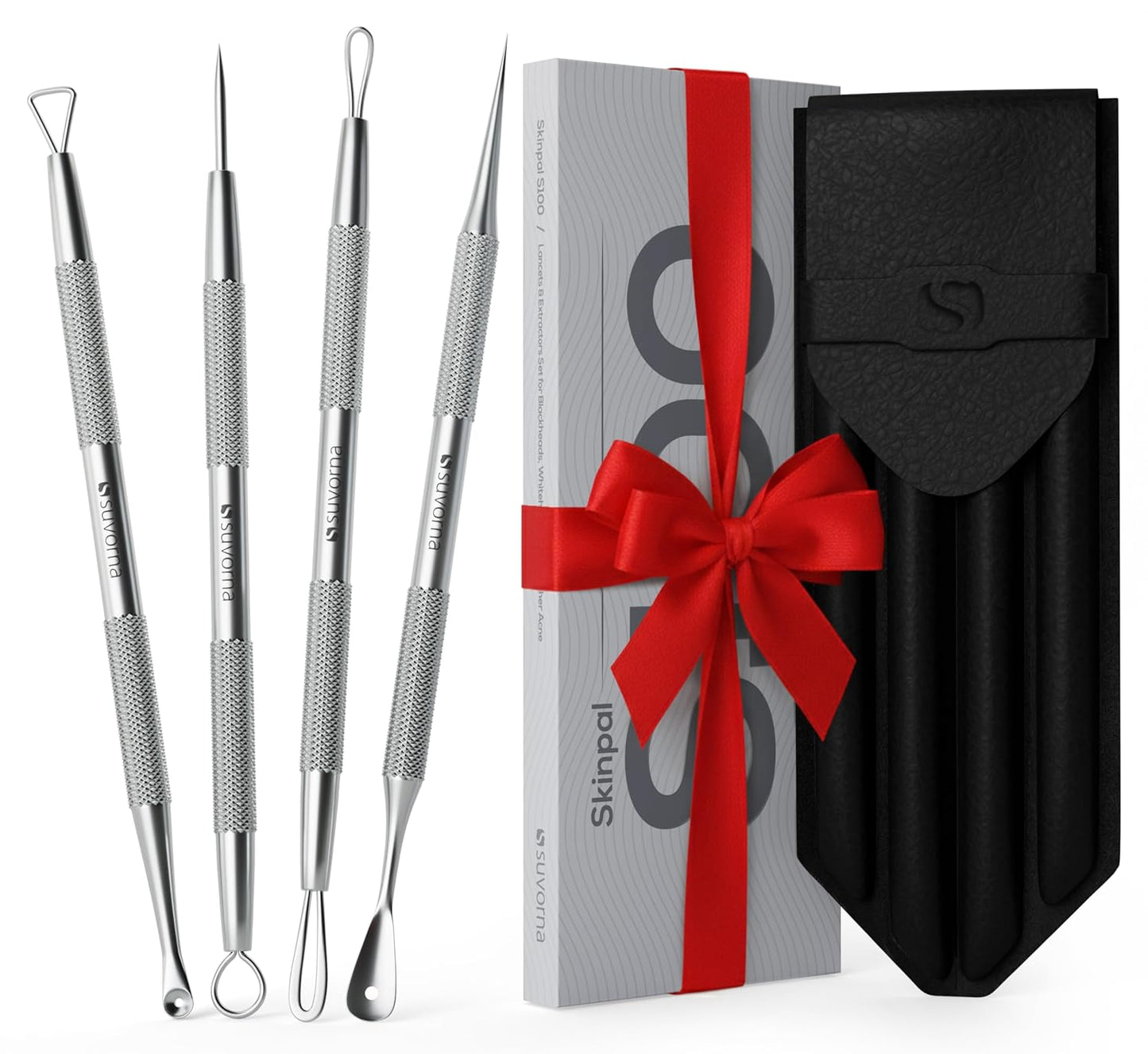 Suvorna Pimple Popper Tool Kit - 4-Piece Stainless Steel Blackhead & Whitehead Extractor Set | Facial Extraction Tools