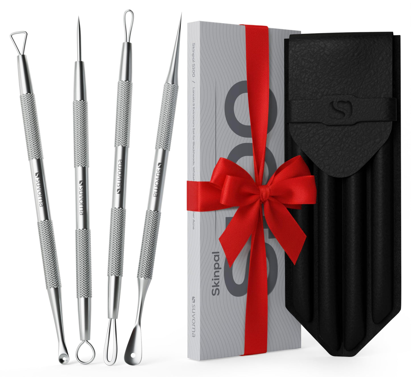 Suvorna Pimple Popper Tool Kit & Milia Remover, 4-Piece Stainless Steel Blackhead Extractor, Whitehead & Comedone Extractor with Lancets for Facial Extraction