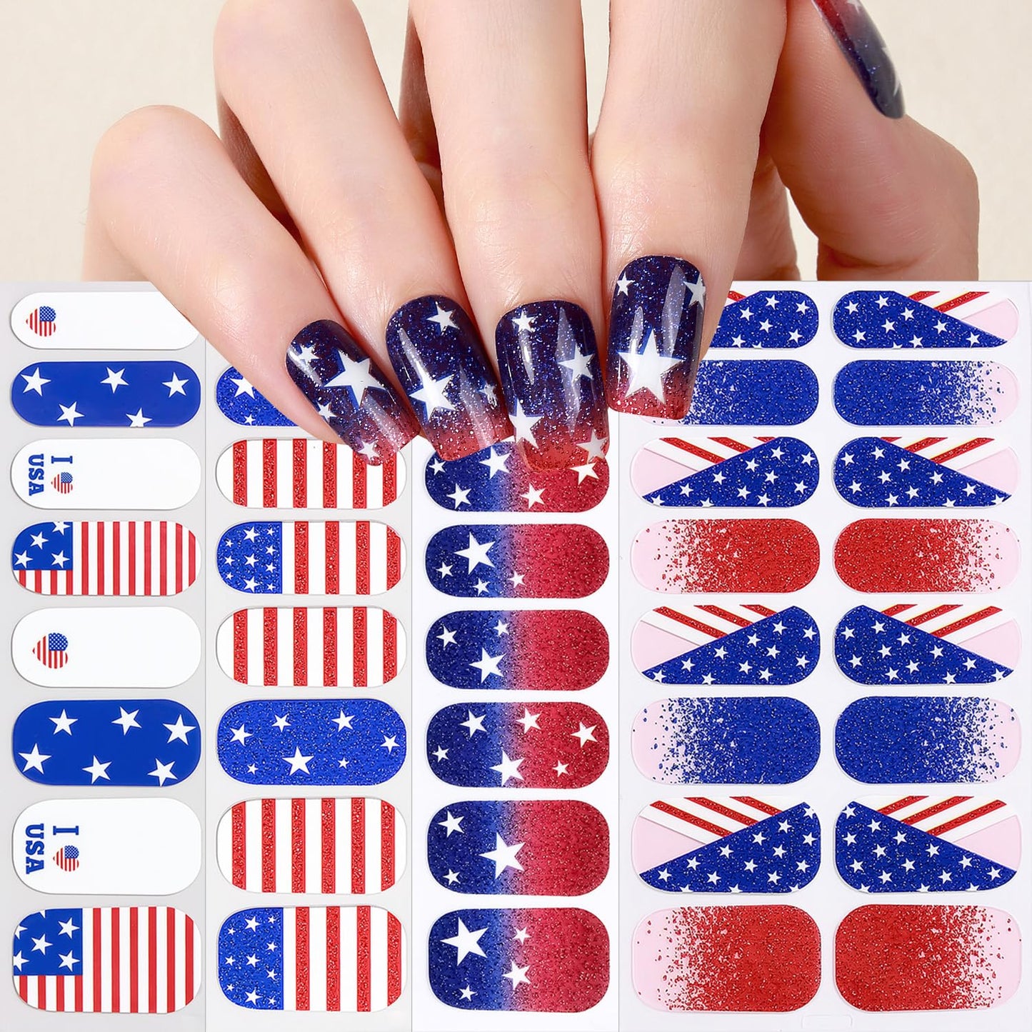 4 Sheets 4th of July Gel Nail Stickers American Flag Nail Wraps Stickers American Memorial Day Nail Polish Strips Star Full Wrap Nail Strips Independence Day Nails Supply for Women Manicure DIY Decor