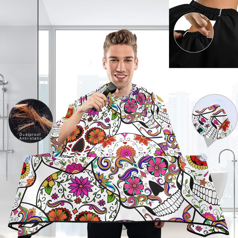 visesunny Barber Cape Sugar Skull With Flower Polyester Hair Cutting Salon Cape Apron Anti-Static Haircut Shaving Cloth Beard Shaving Bib Hairdressing Cape