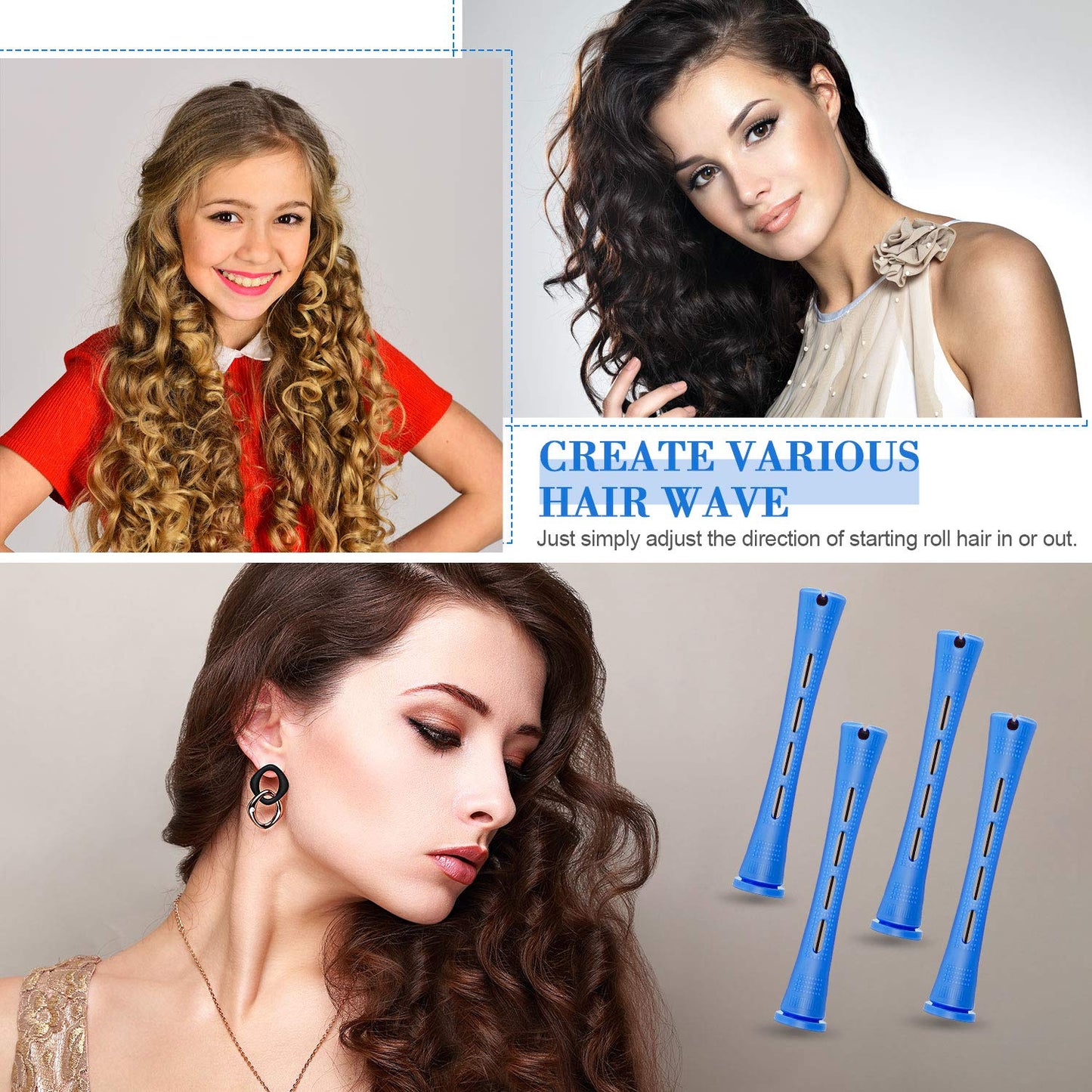 Hair Perm Rods - 96 Pcs Plastic Cold Wave Curlers for Short & Long Hair | Heatless Roller with 2 Steel Pintail Combs (0.35 Inch, Blue)