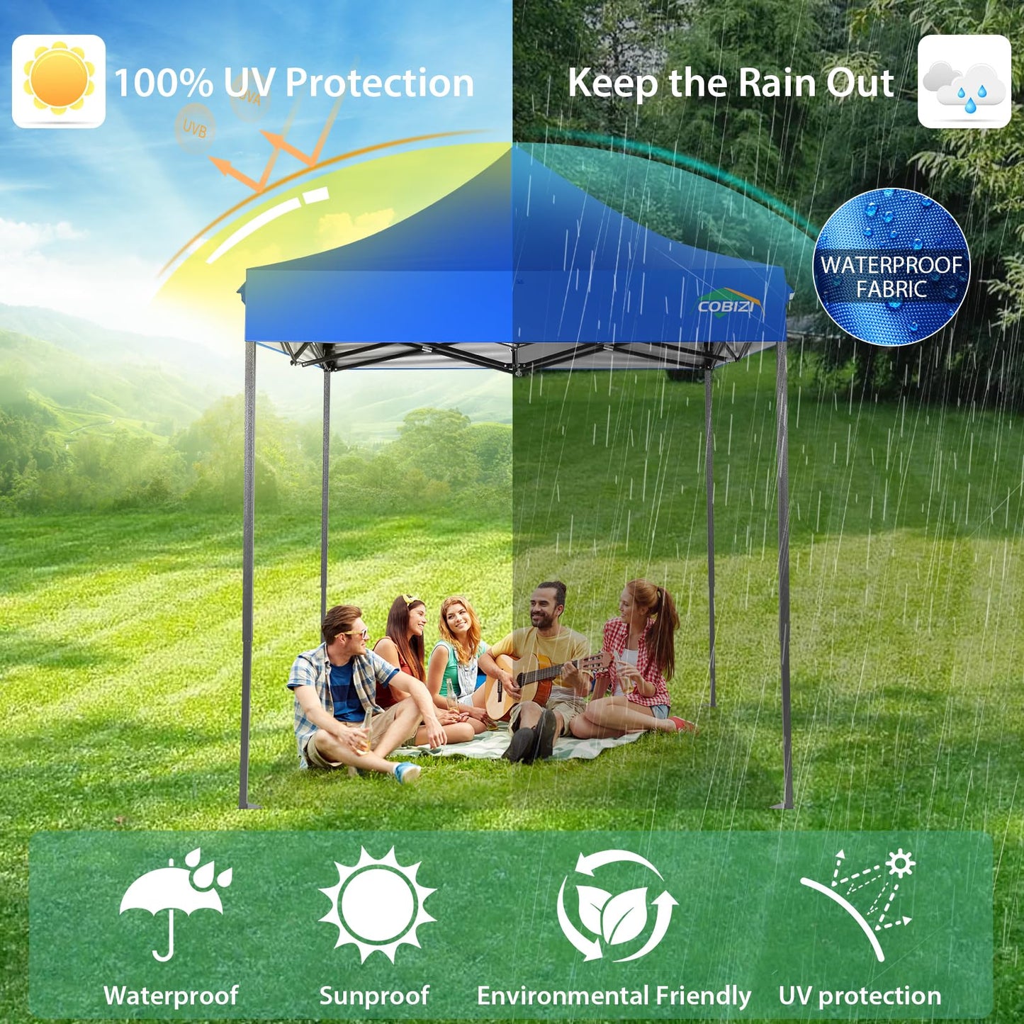 COBIZI 6.6x6.6 Pop Up Canopy Without Sidewall,Heavy Duty Canopy UPF 50+ All Season Wind Waterproof Commercial Outdoor Party Tents for Parties Canopy Gazebo with Storage Bag(6.6 x 6.6 ft Blue)