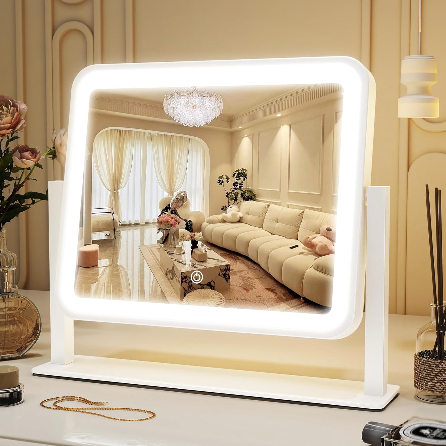 Lighted Makeup Mirror - 10X Magnification Vanity Mirror with 3 Color Modes | 17"x13" Smart Touch Control, 360° Rotation (White)