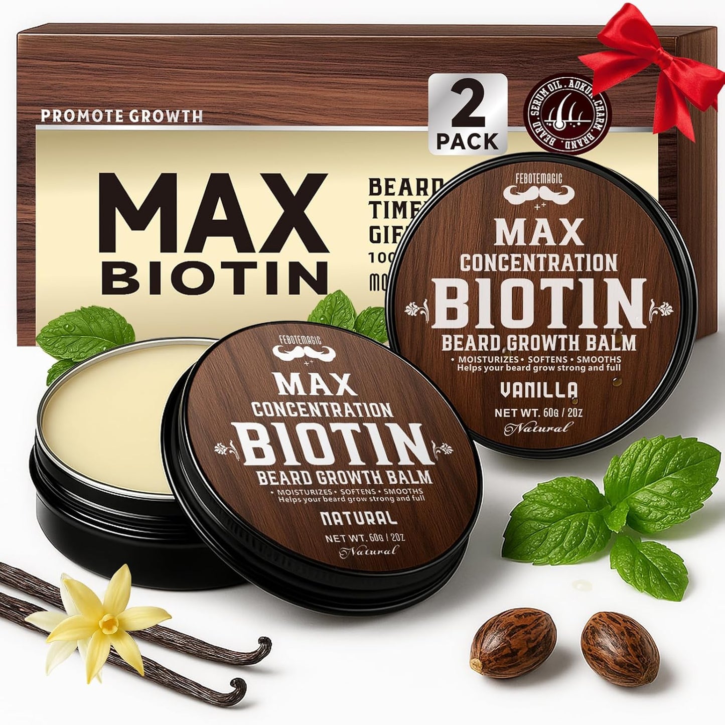 Biotin Beard Balm Set for Men - Natural Sandalwood Butters | Moisturize & Shape Beards - Perfect Grooming Gift