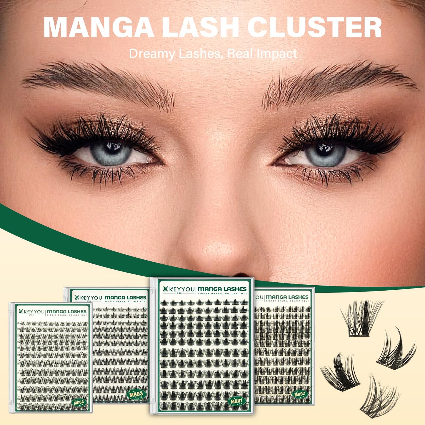 KEYYOU Lash Manga Lash Clusters 8-18mm Fairy Eyelash Clusters Natural DIY Lash Extension Wispy with Soft Thin Band(MG04)