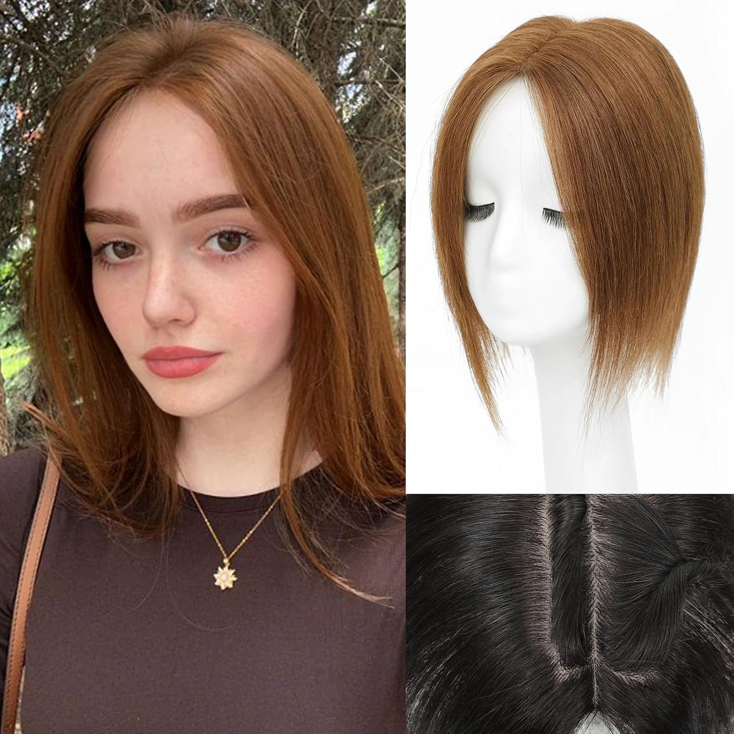 Real Human Hair Toppers for Women - 14 Inch Clip-In Curtain Bangs | Dark Brown, 360° Coverage