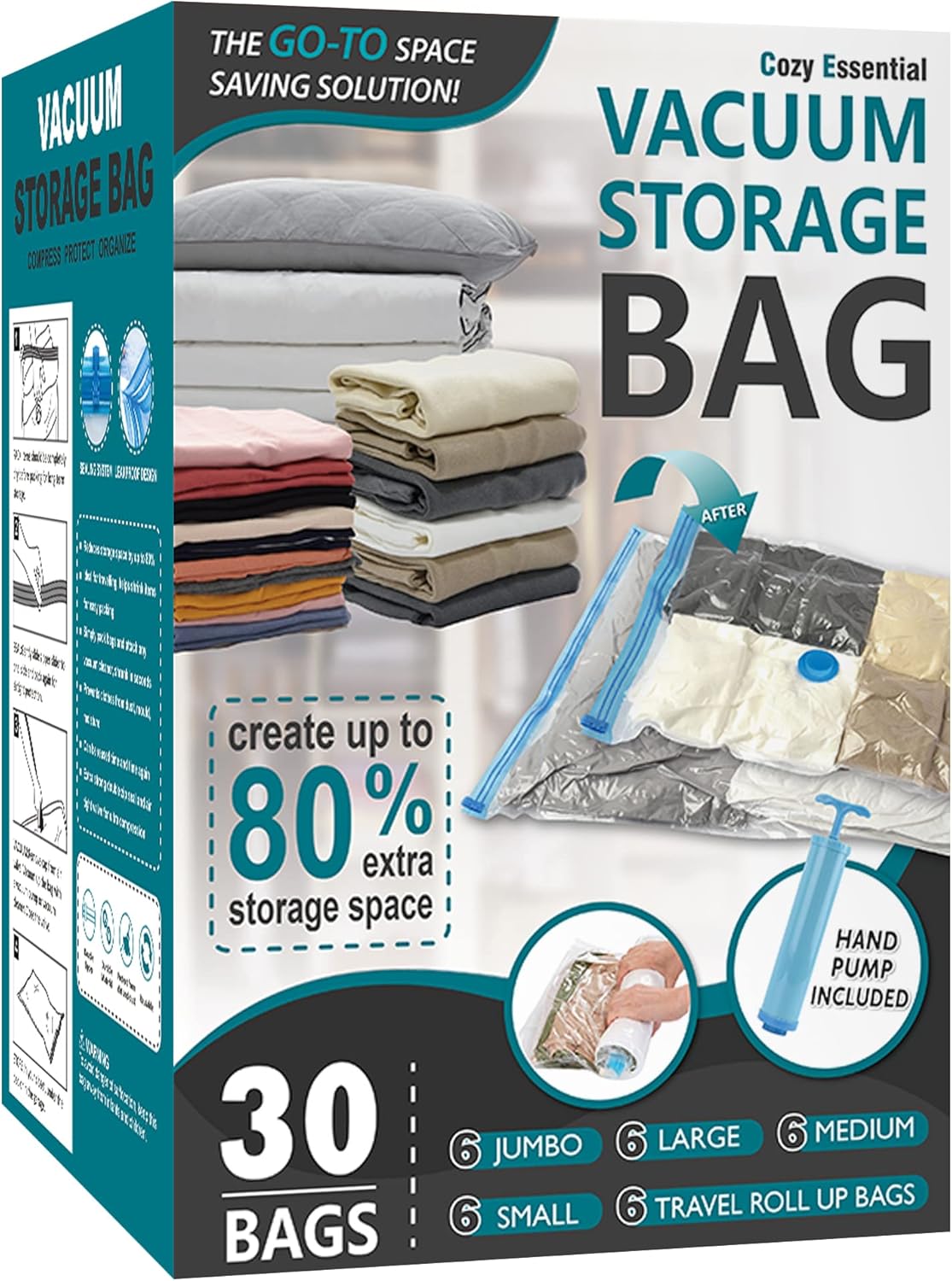 Vacuum Storage Bags - 80% Compression Space Saver for Clothes, Bedding & Blankets | 20-Pack Combo