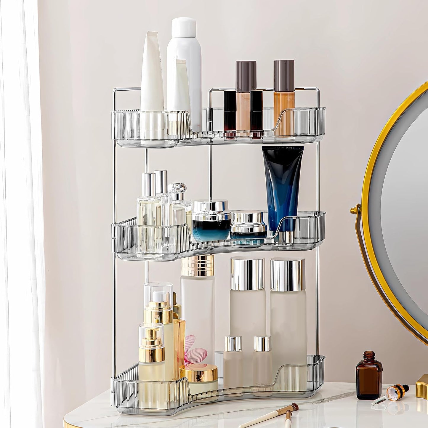 3 Tier Corner Bathroom Organizer - Stylish Makeup & Perfume Shelf for Vanity | Grey