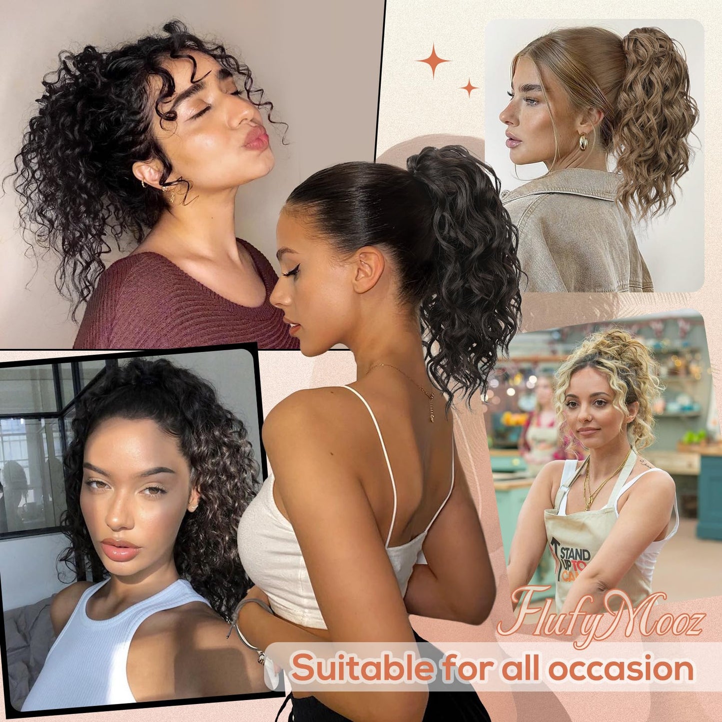Flufymooz Ponytail Extension, 12" Short Claw Ponytail Extension Wavy Curly Jaw Clip in Pony tails Hair Extension Natural Synthetic Hairpiece for Women (Black Brown)