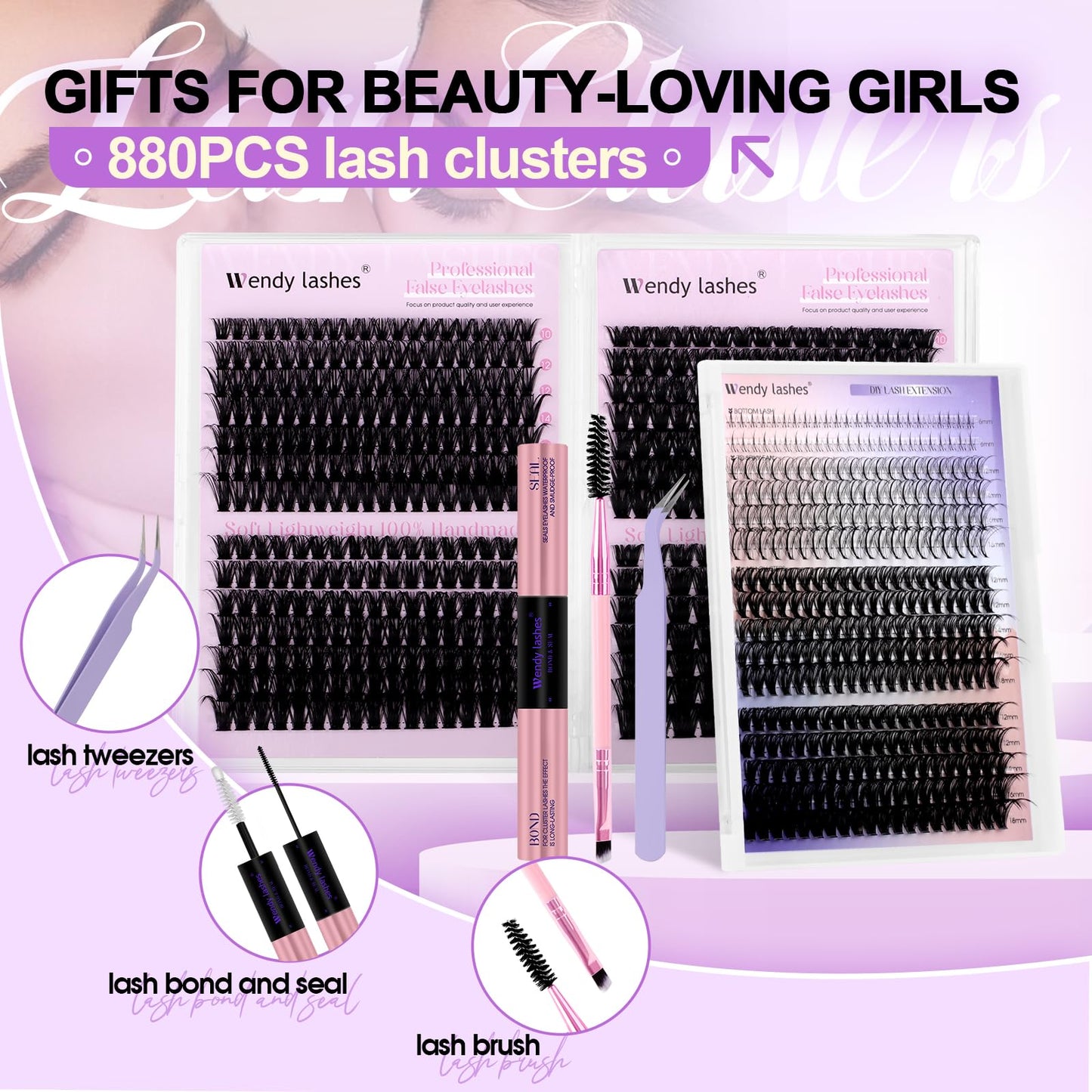 WENDY LASHES Clusters Kit Bottom Lashes 40D-150D D Curl Eyelash Extension