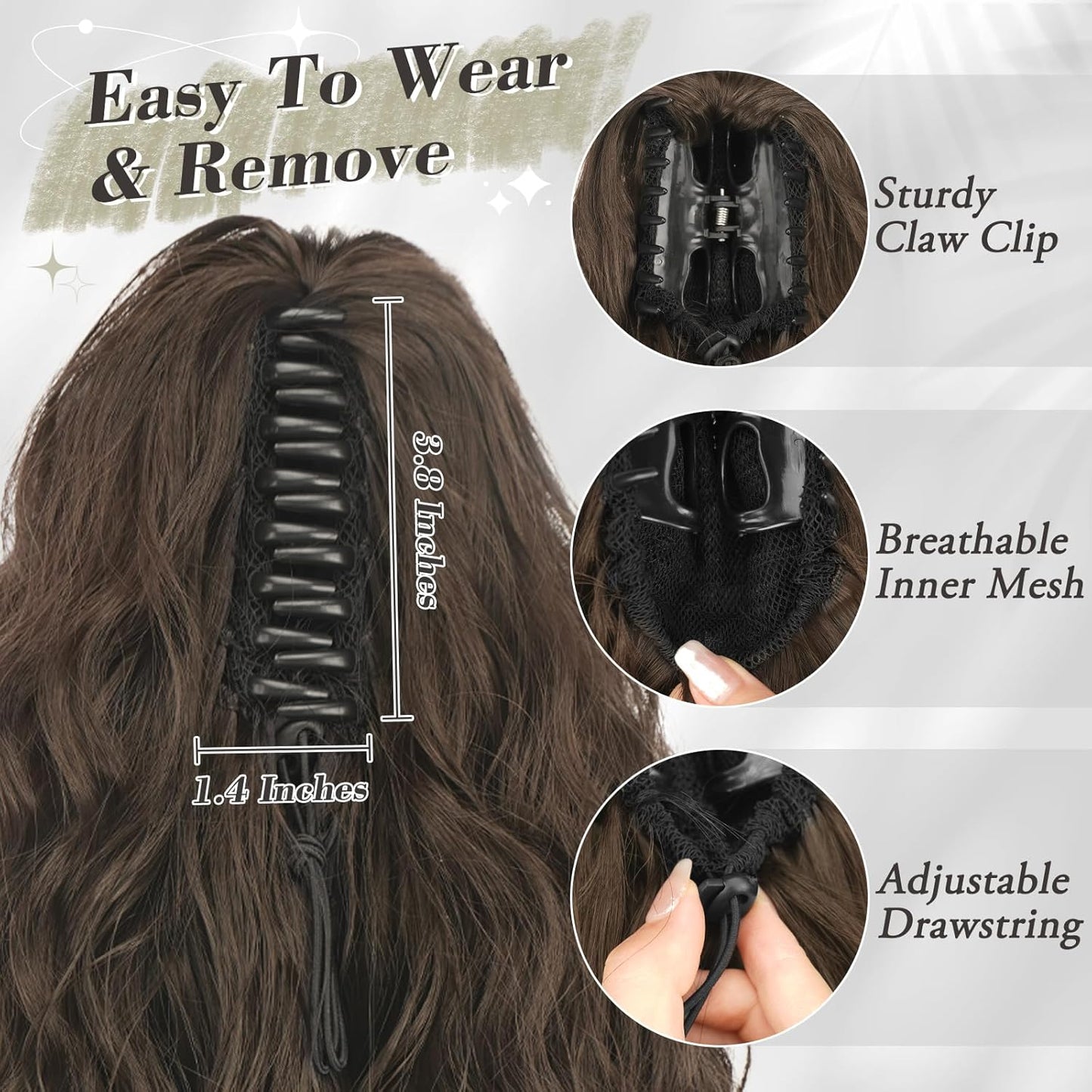 Brown Ponytail Extension - 18 Inch Claw Clip Curly Wavy Hairpiece | Daily Party Use