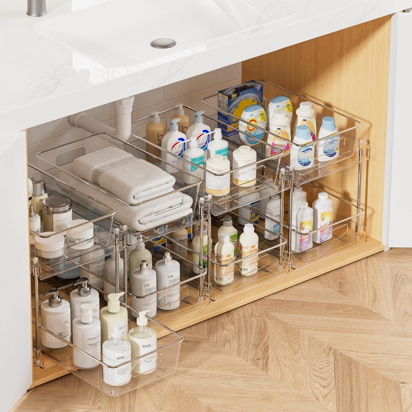 4 Pack Bathroom Organizer - 2 Tier Clear Under Sink Storage Bins | Vanity Countertop & Cabinet Drawers