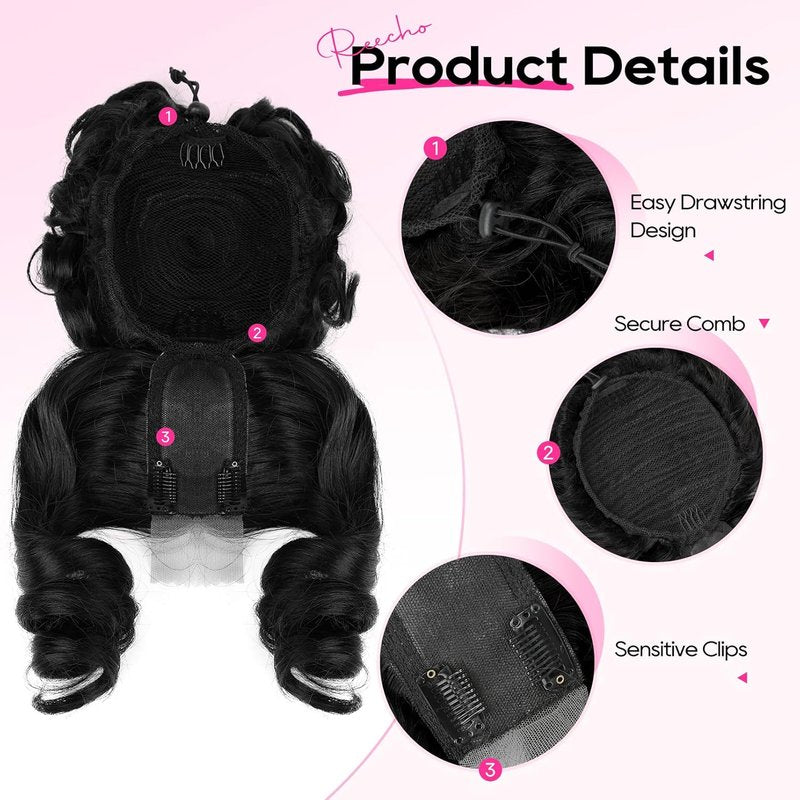REECHO Messy Bun Hair Piece with Bangs | 2-in-1 Curly Updo Wig & Hair Topper - Natural-Looking Black Drawstring Ponytail Extension for Women