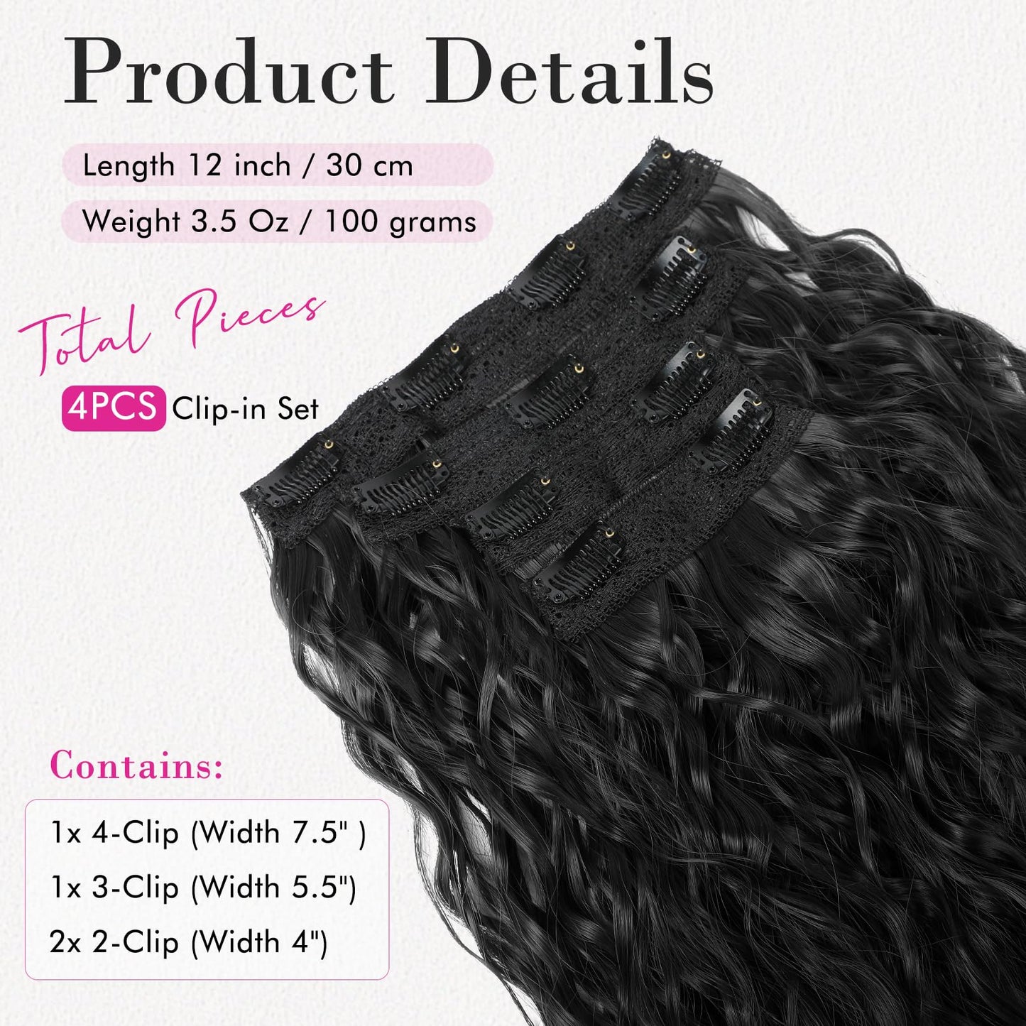 REECHO Hair Extensions, 4PCS Clip in Hair Extensions 12" Short Curly Wavy Black Hair Extensions Invisible Lace Weft Natural Soft Hairpieces for Women – Black