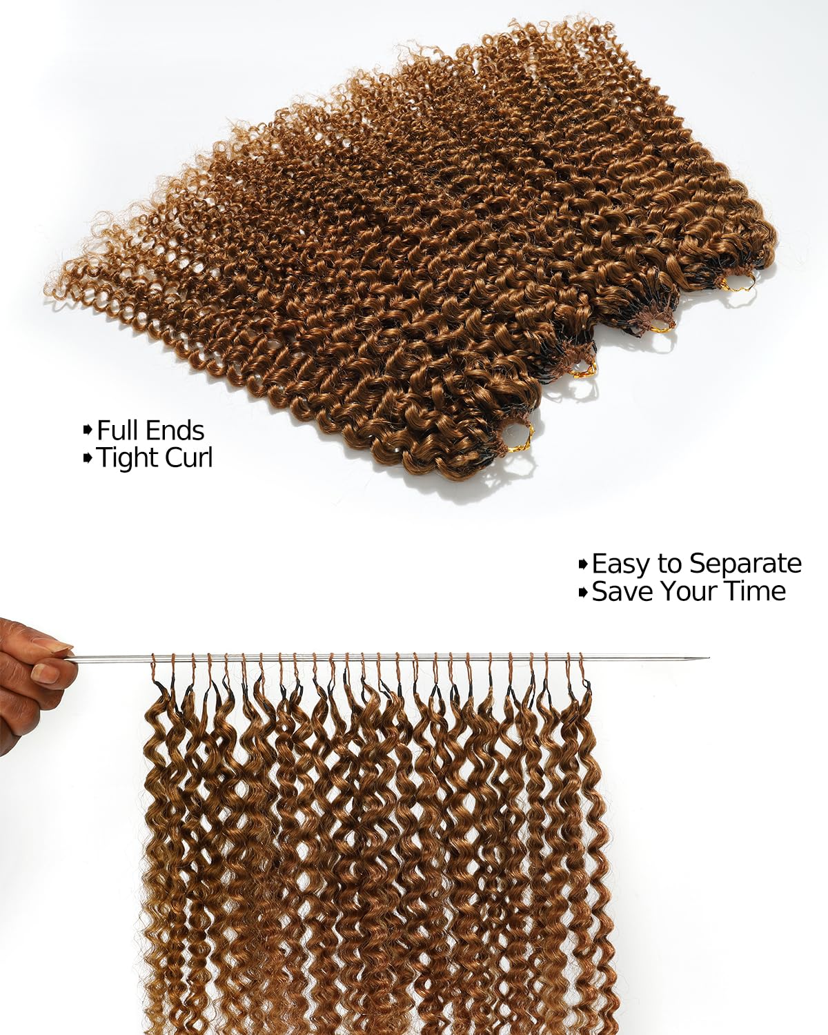 BEEOS Kinky Curly Human Crochet Hair 16 Inch, Pre-Separated Knotless Feather Crochet Human Hair for Black Women, Detangle Easily #30 Auburn Ginger 40g