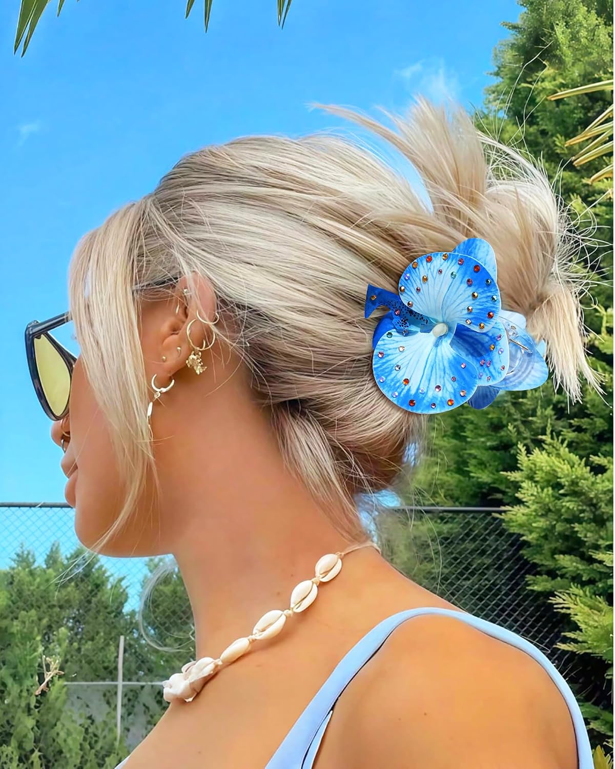 Hawaiian Flower Hair Claw Clips - 4 Pack Artificial Tropical Orchid | Wedding & Beach Party Accessories (Blue, Green, Pink, Yellow)