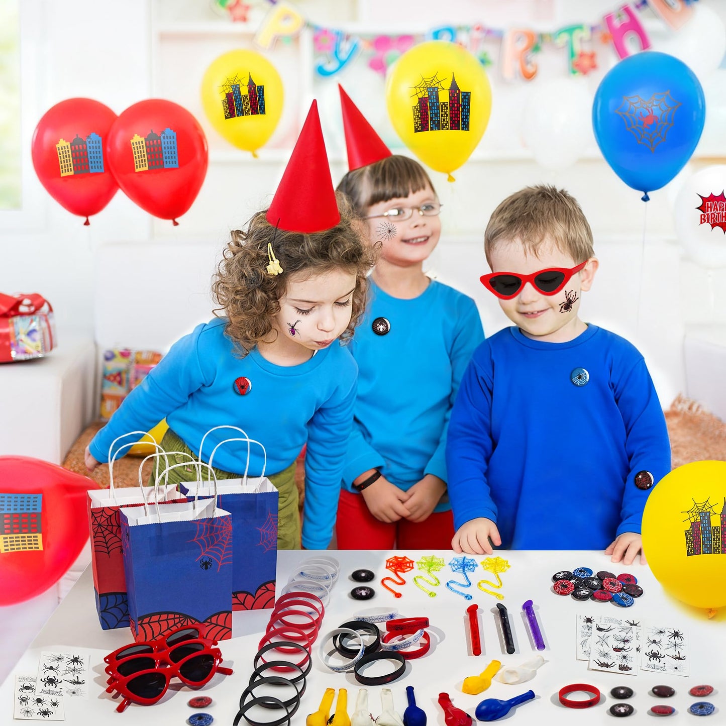 HandTool 100pcs Spider Party Favors, Hero Theme Birthday Party Supplies Including Silicone Bracelets Sticky Spider Webs Bubble Wands Temporary Tattoos, Birthday Decorations Classroom Rewards for Kids
