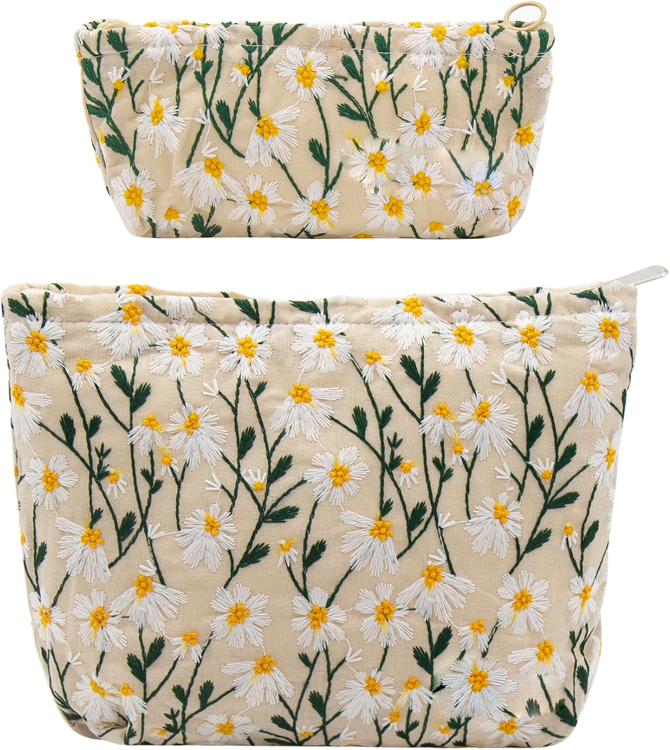 Large Floral Makeup Bag Set - 2 Pcs Travel Toiletry Organizer for Women | Embroidered Cosmetic Pouches with Zipper
