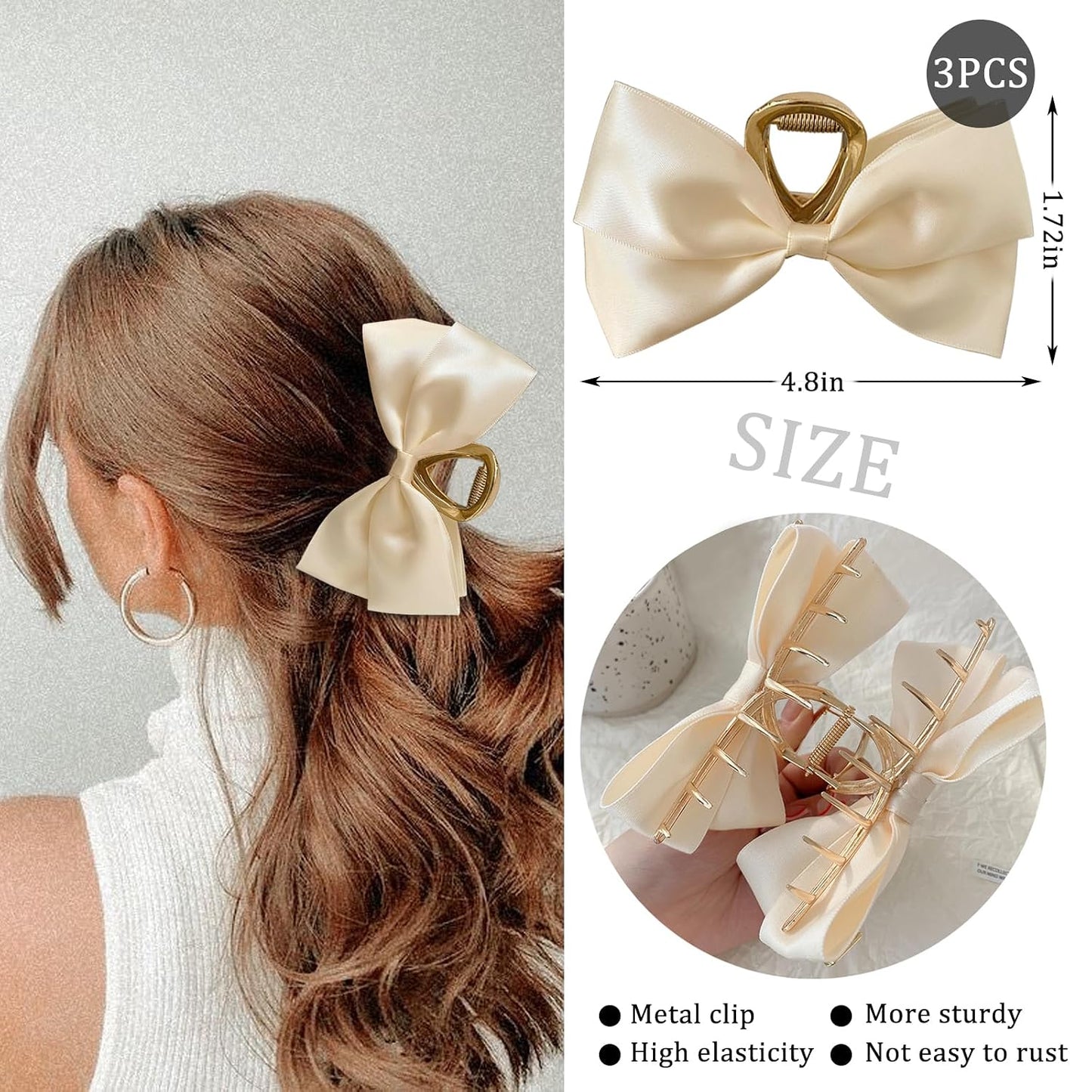 Stylish 3PCS Metal Claw Hair Clips - Premium Nonslip Bow-Knot Design for Thick & Thin Hair | Trendy Black, White, Khaki