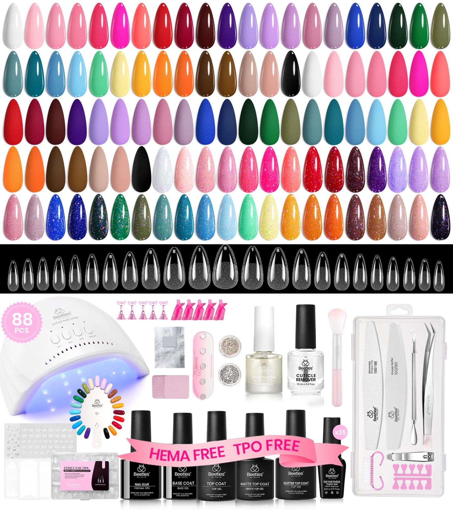 Beetles Deal Box Gel Nail Polish Kit with U V Light - 35 Colors Gel Polish Almond Nail Tips Creative Flow 88 Pcs Nails Kit with TPO&HEMA Free Base Matte/Glossy/Glitter Top Coat DIY Gifts