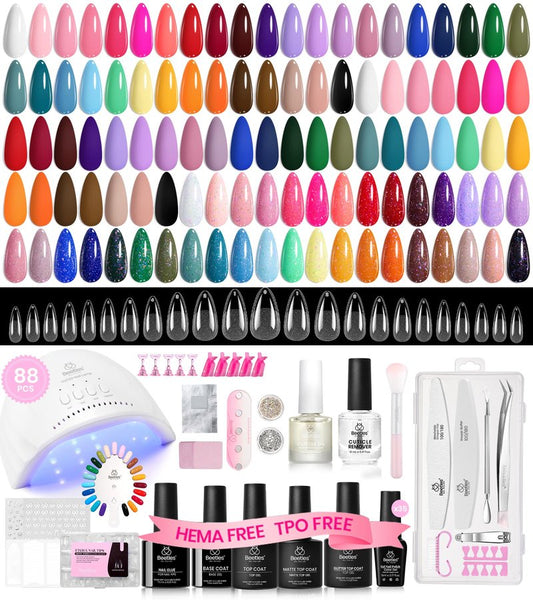 Beetles Deal Box Gel Nail Polish Kit with U V Light - 35 Colors Gel Polish Almond Nail Tips Creative Flow 88 Pcs Nails Kit with TPO&HEMA Free Base Matte/Glossy/Glitter Top Coat DIY Gifts