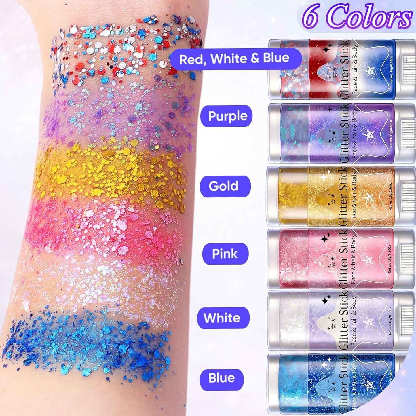 Body Glitter Stick - 6 Pack Red White & Blue Face & Hair Glitter | Chunky Sequins for 4th of July Festival Makeup