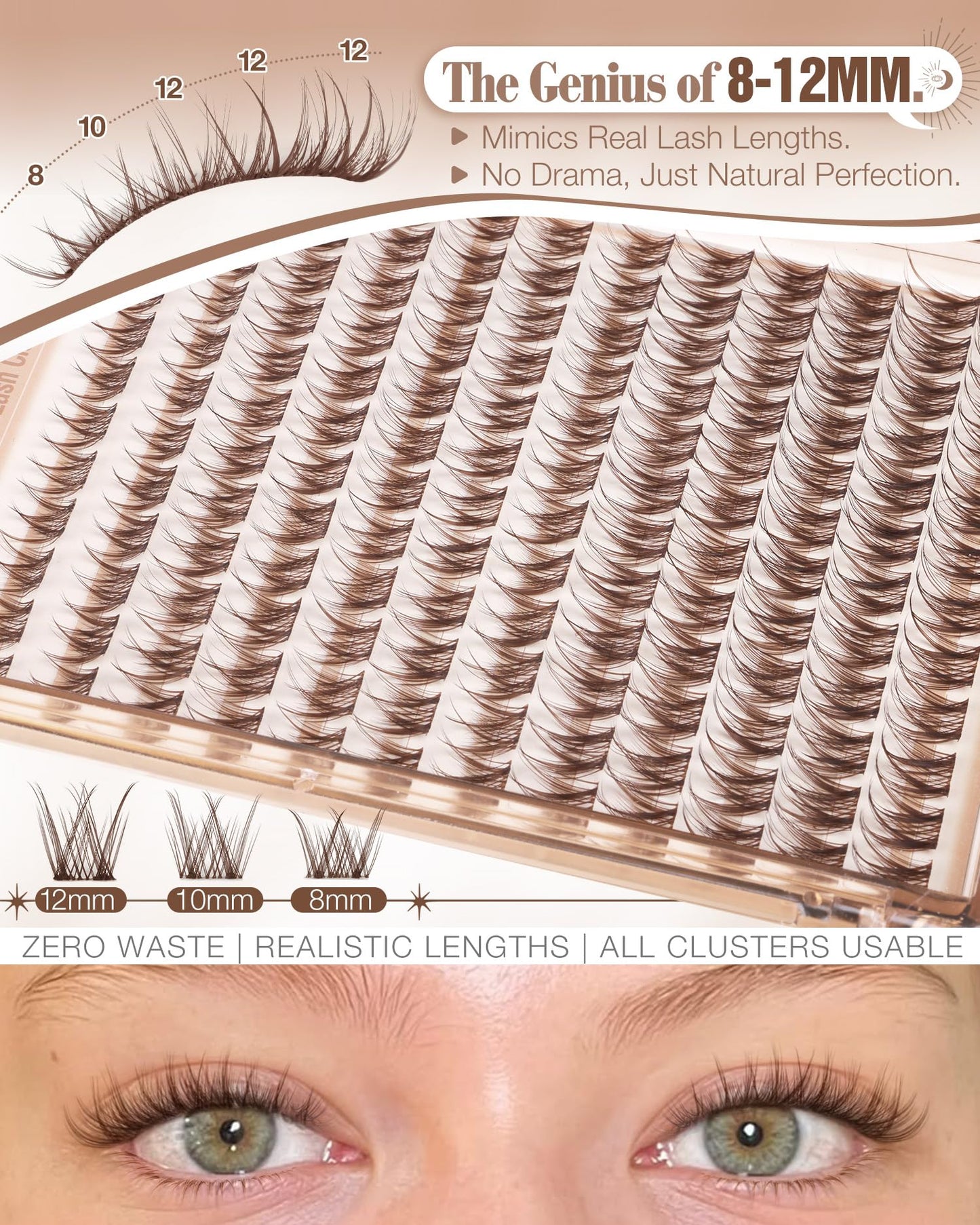 Brown Lash Clusters 8-10-12MM Short Wispy Eyelash Extensions with Natural C Curl and Flexible Clear Band 144Pcs Pestañas Postizas Marrón, Easy Application, For Blondes and Redheads