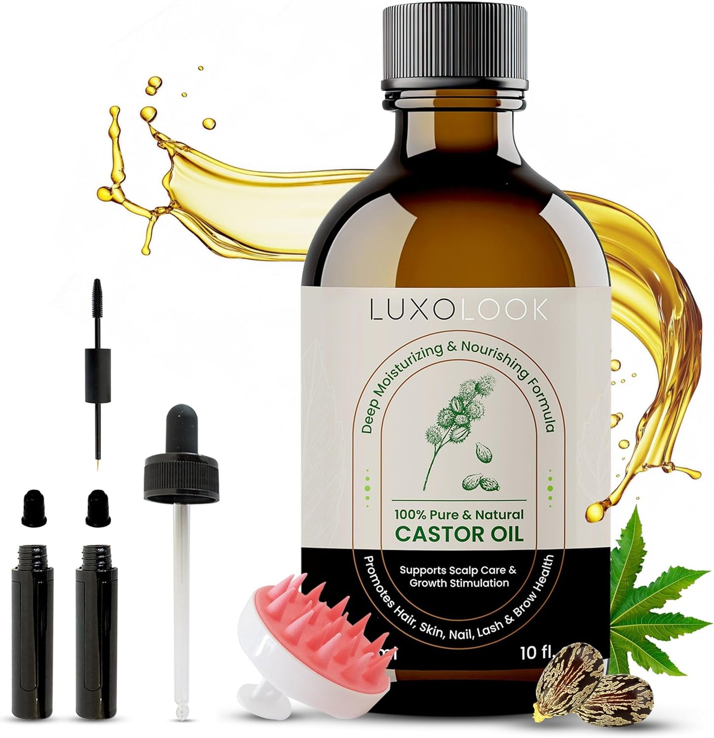 Pure Castor Oil 10oz - Cold Pressed Natural Oil for Hair Growth, Skin & Nails | Hexane Free, Unrefined with Dual Mascara & Dropper
