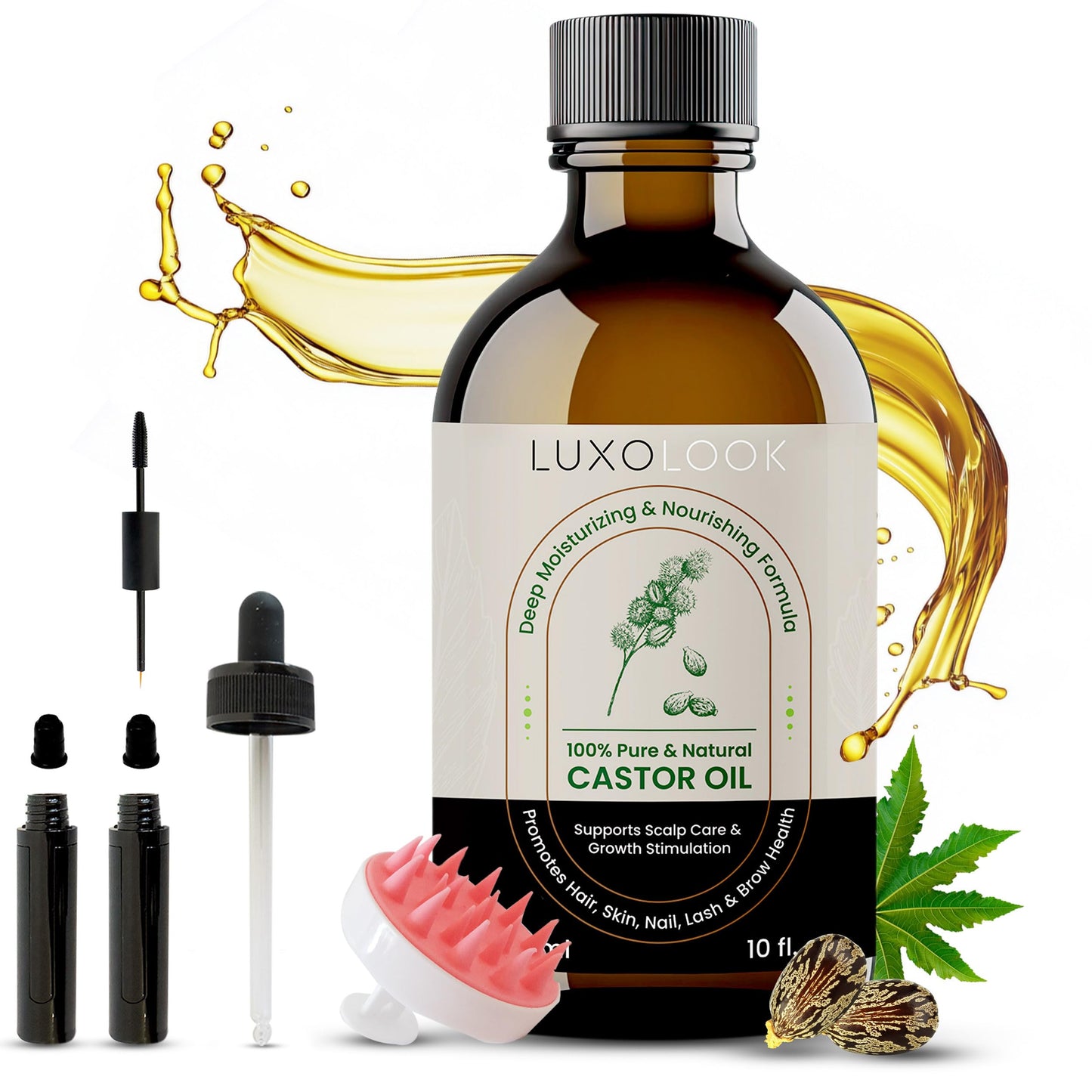 Pure Castor Oil (10oz) - Cold Pressed 100% Castor Oil for Hair Growth, Skin, Eyebrows, Eye Lashes, Nails & Cuticles - Hexane Free, Natural & Unrefined - Includes Dual Mascara, Dropper & LuxoLook