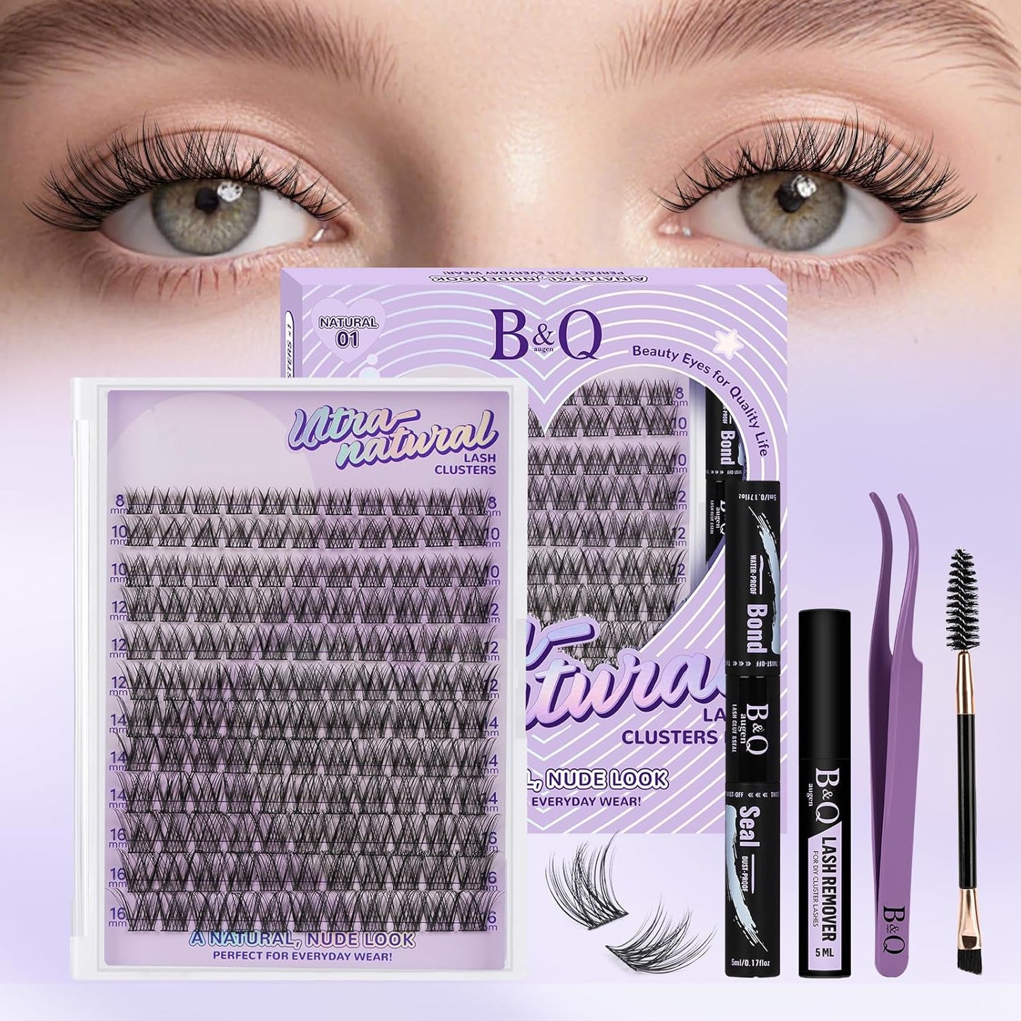 Eyelash Extension Kit - 10-18mm D Curl Lash Clusters with Bottom Lashes | DIY Bond & Seal Applicator