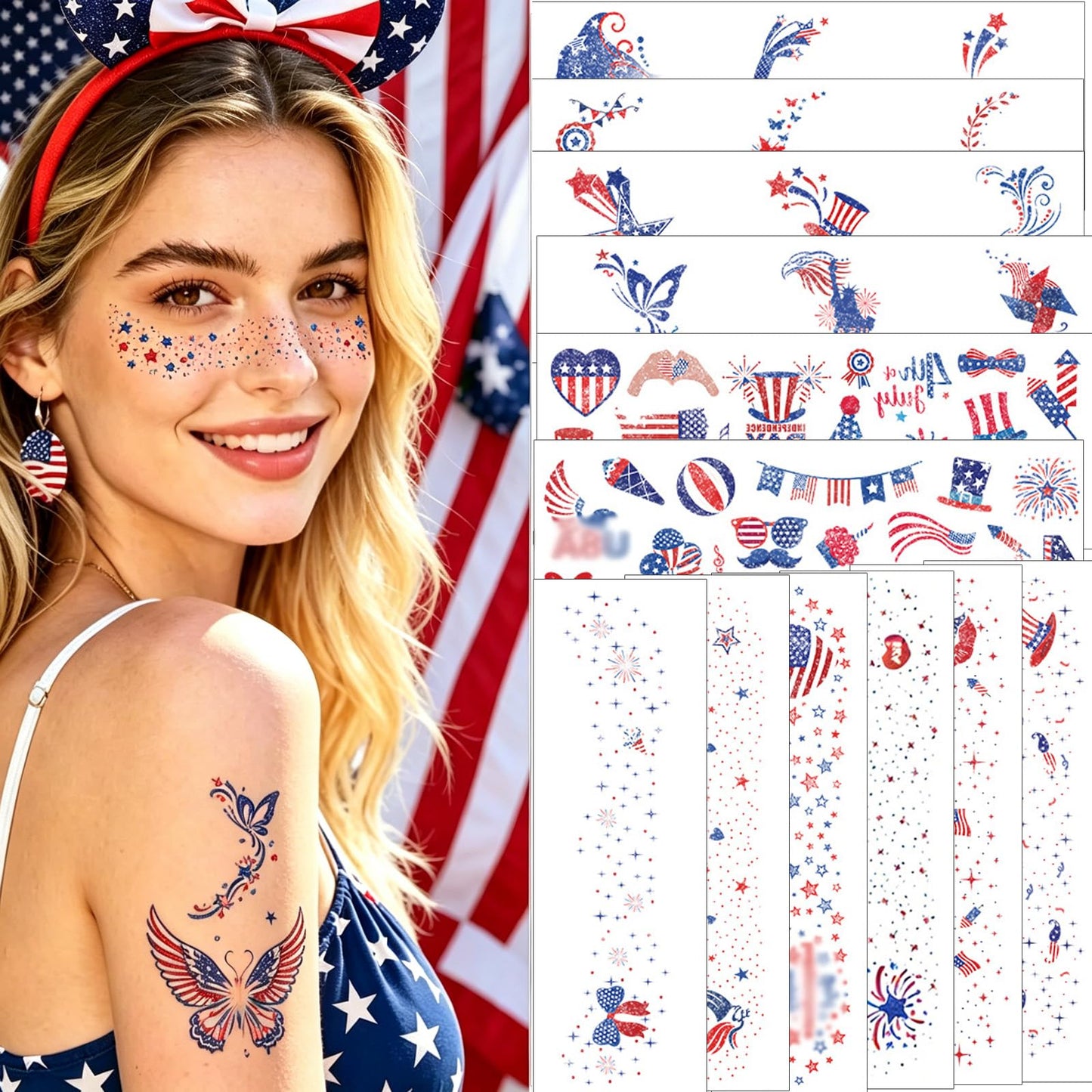 12Pcs Red White and Blue Glitter Freckles Face Tattoo for Makeup, 4th of July Accessories Sparkle Star Freckle Stickers with Rhinestones, Independence Day Patriotic Temporary Tattoos for Women