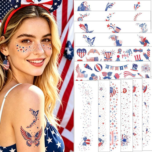 12Pcs Red White and Blue Glitter Freckles Face Tattoo for Makeup, 4th of July Accessories Sparkle Star Freckle Stickers with Rhinestones, Independence Day Patriotic Temporary Tattoos for Women