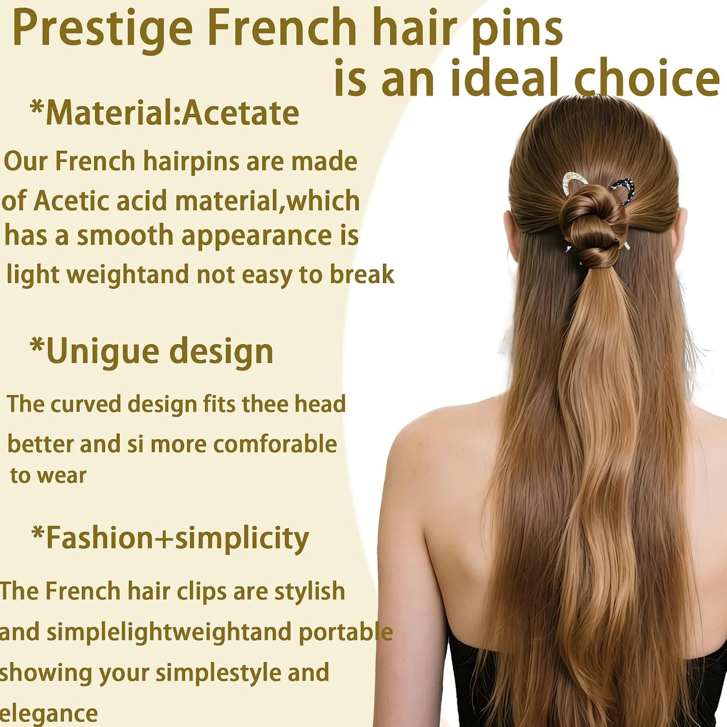 Prestige French Hair Pins - 4 PCS Tortoise Shell Hair Accessories for Updos & Buns | Strong Hold Acetate, 3.73”