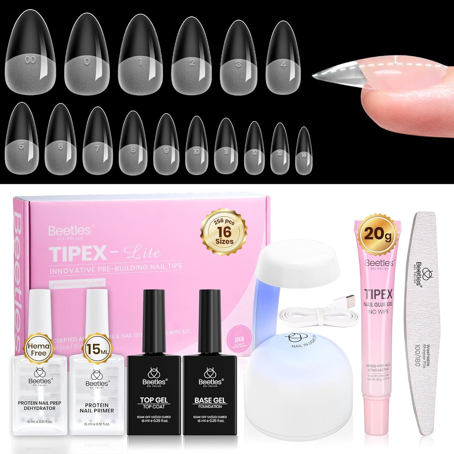 Beetles Tipex Lite Kit - All-in-One DIY Nail Art Set with Mini UV Lamp, 256PCS, Short Almond, 16 Sizes