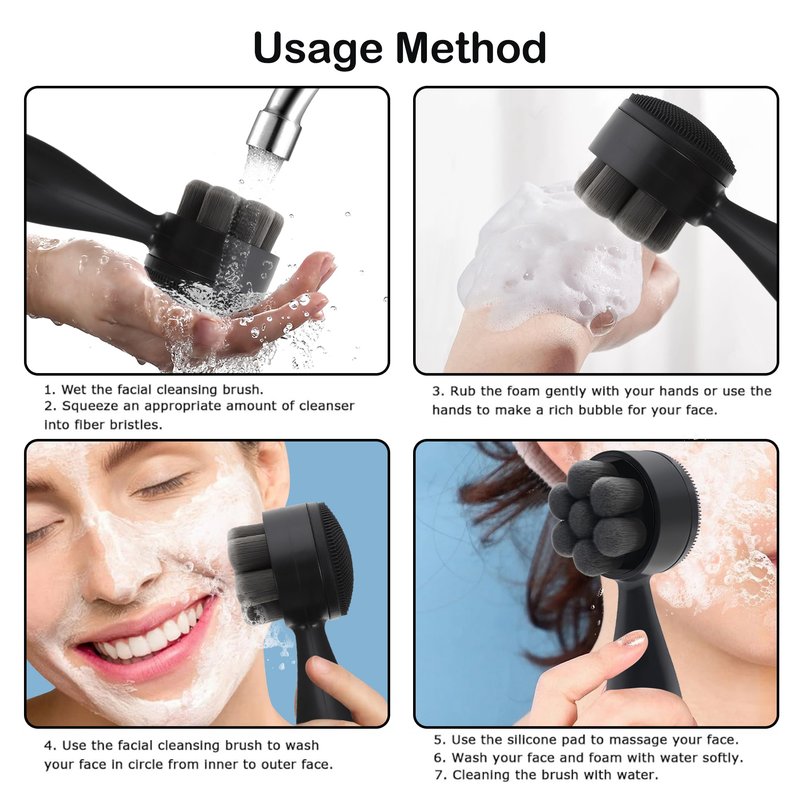 Double-Sided Face Cleaning Brush, Deep Cleansing Silicone Brush with Soft Bristles, Black