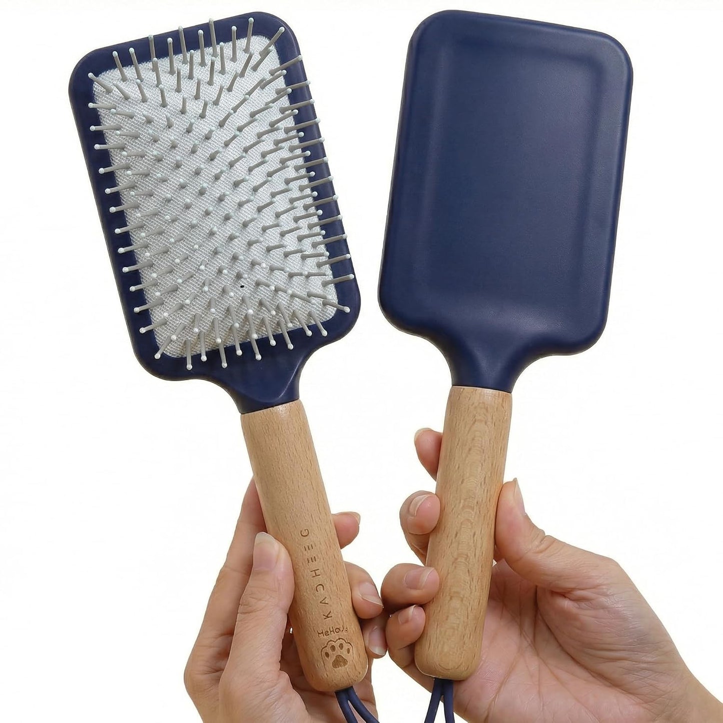 Detangling Hair Brush for Thick, Curly Hair - Solid Wood Handle & Cushion Base | Blue