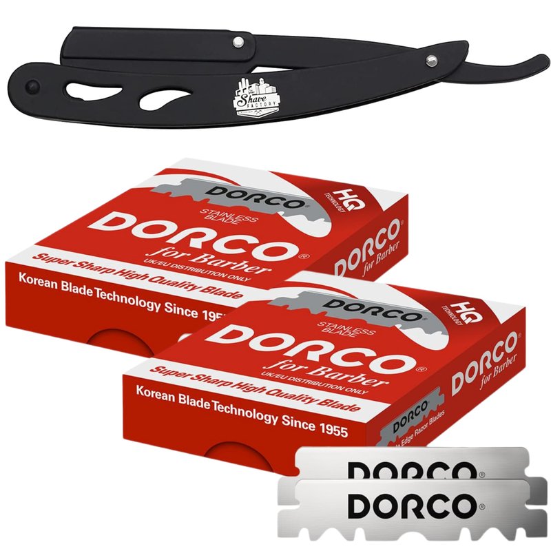 the shave factory Straight Edge Razor Kit (Black / 200 Dorco Single Edge Razor Blades Red)