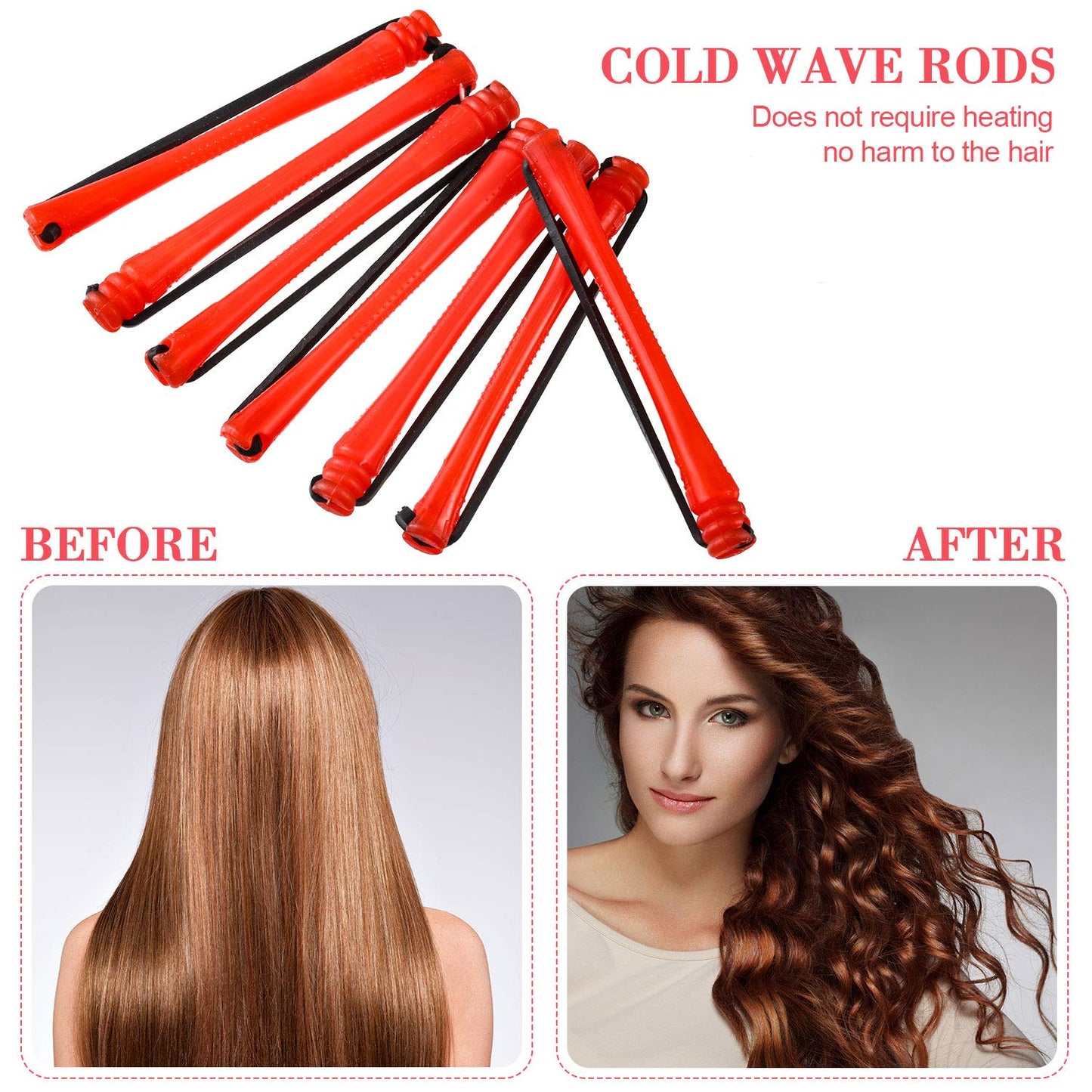 Hair Perm Rods - 48 Pieces Plastic Cold Wave Curling Rollers with Steel Pintail Comb | 0.2 Inch, Red