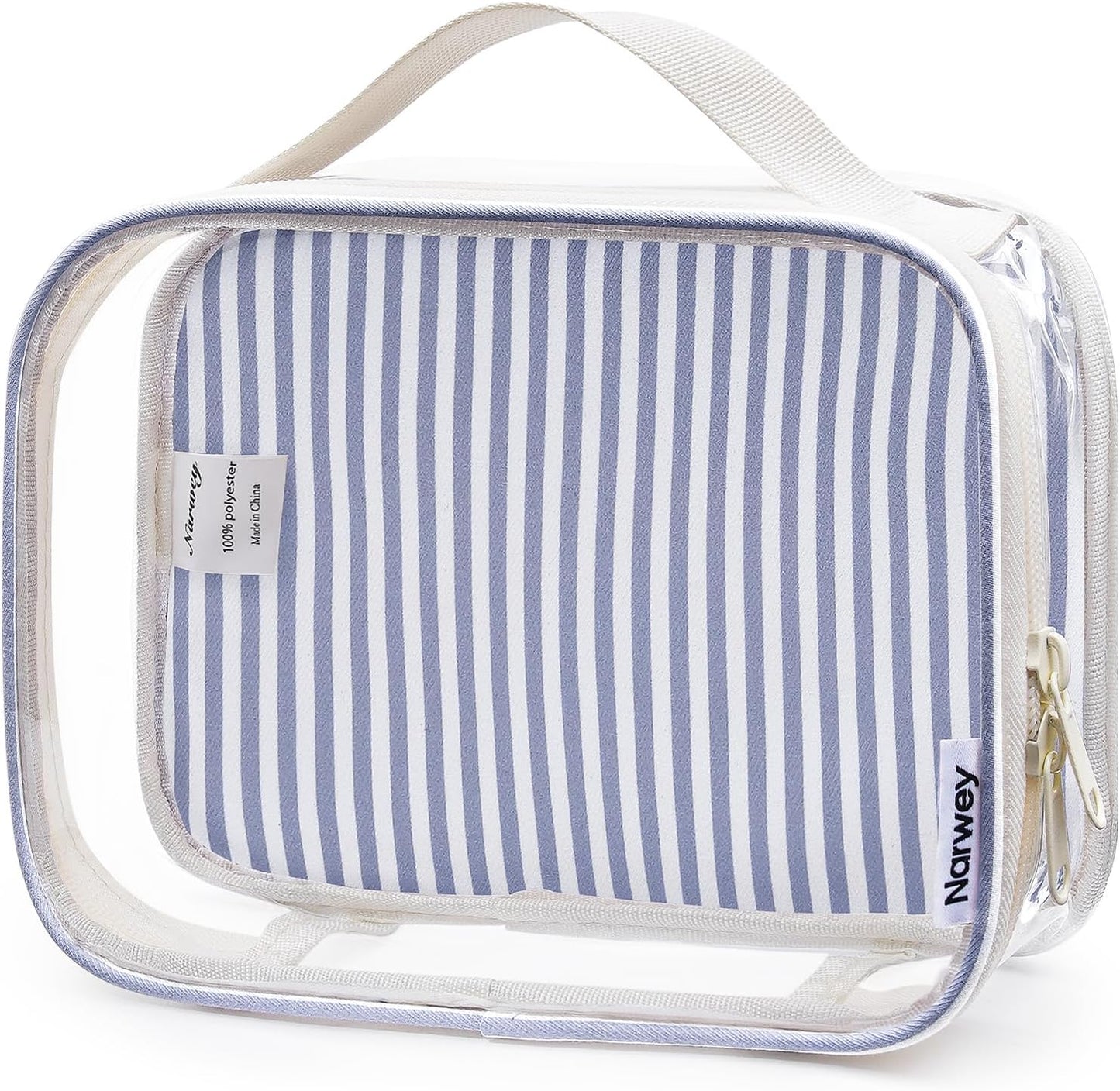 Clear Toiletry Bag - TSA Approved Waterproof PVC Makeup Organizer | Compact Quart Size (Greyish Blue Stripe)