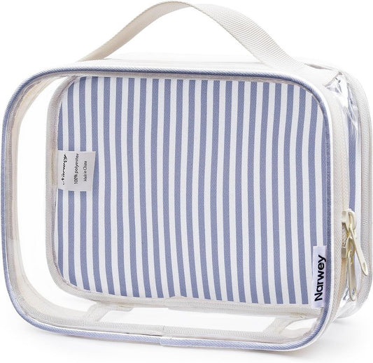 Clear Toiletry Bag - TSA Approved Waterproof PVC Makeup Organizer | Compact Quart Size (Greyish Blue Stripe)