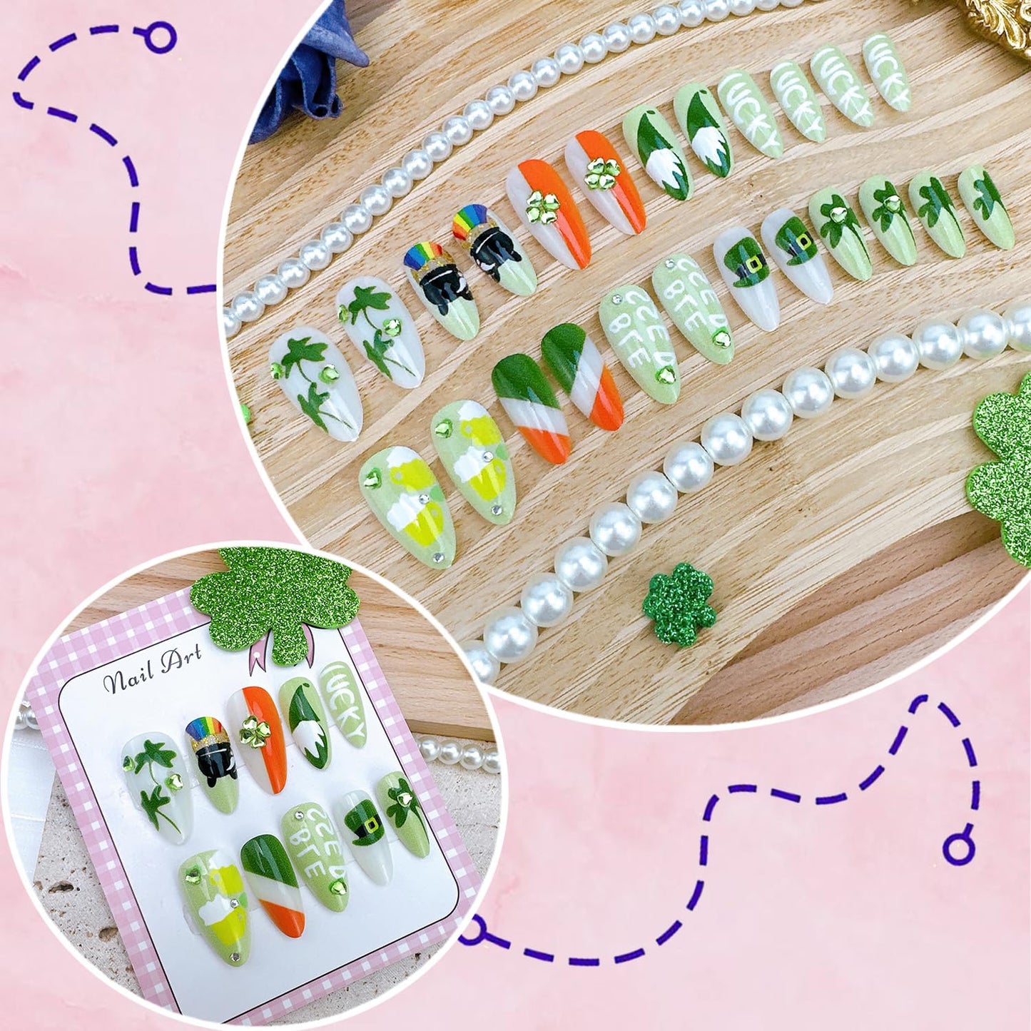 St. Patrick's Day Press On Nails - 24Pcs Medium Almond Acrylic with Shamrocks & Rhinestones | Dwarf Hat Design