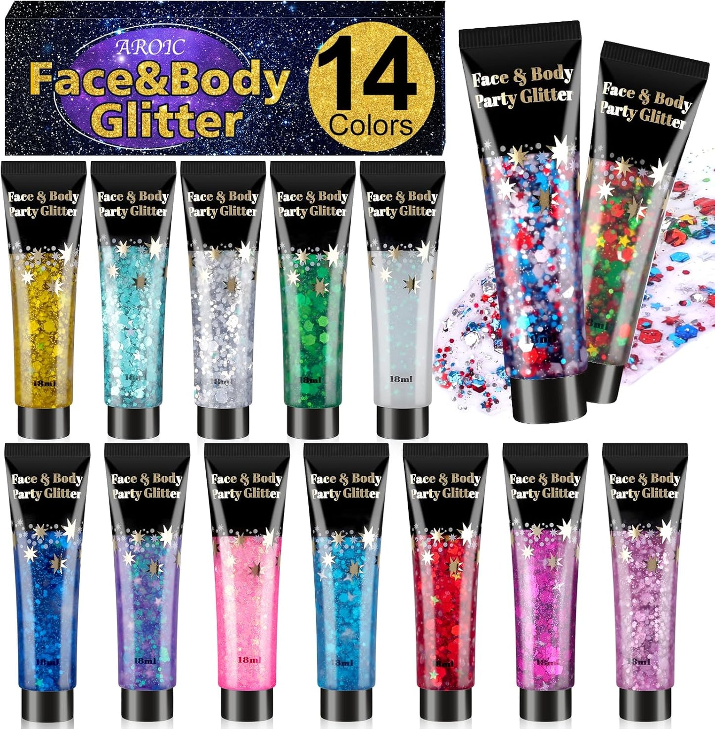 AROIC Body Glitter Gel Set - 14 Vibrant Colors for 4th of July & Festivals | Eye & Hair Shimmer Makeup - 18ml Tube