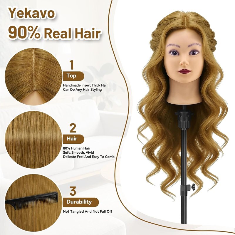 Mannequin Head with 90% Human Hair - 26-28" Realistic Hair Styling Doll for Cosmetology Training & Hairdressers