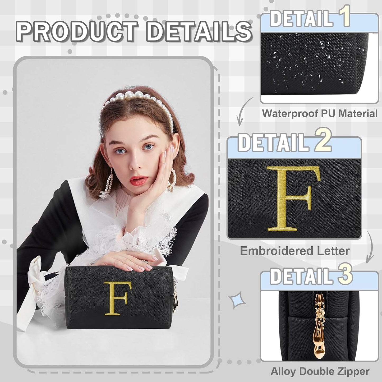 Personalized Initial Makeup Bag - Gold Embroidered Cosmetic Bag for Teens | Custom Travel Toiletry Bag (Black)