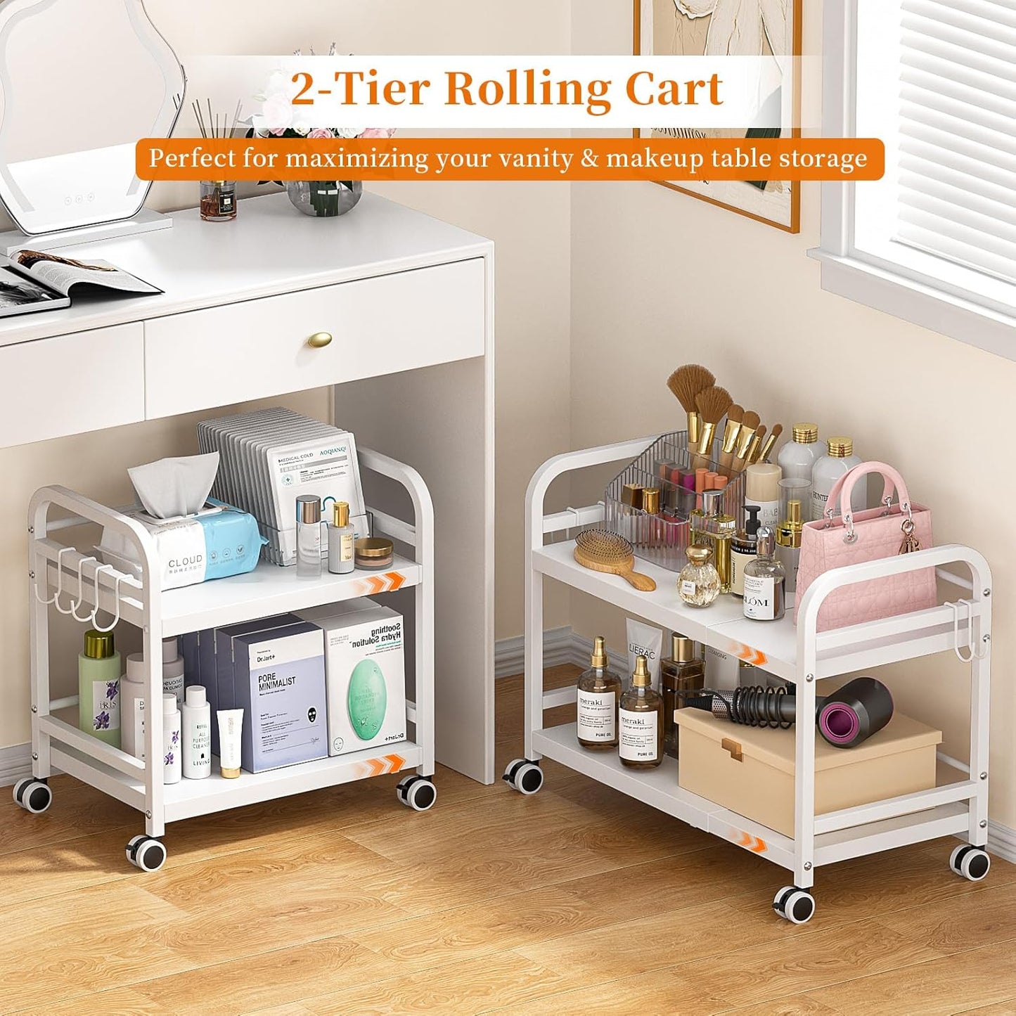 Expandable Rolling Cart - 2-Tier Metal Pantry Storage Organizer with Wheels | Adjustable Under Desk Cart for Kitchen