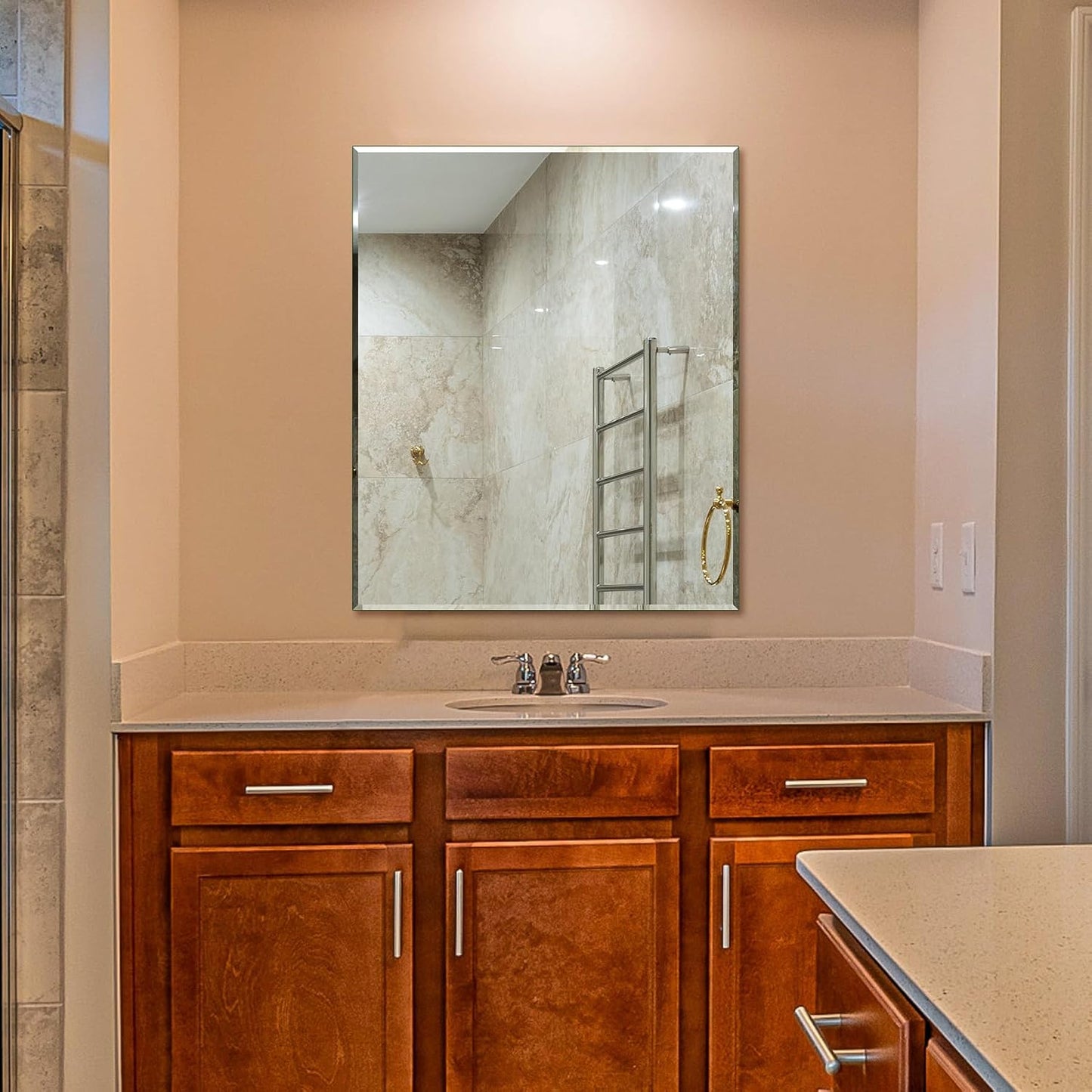 Frameless Bathroom Mirror - Rectangle Beveled Edge, Shatterproof Tempered Glass | 24" x 16" for Versatile Hanging